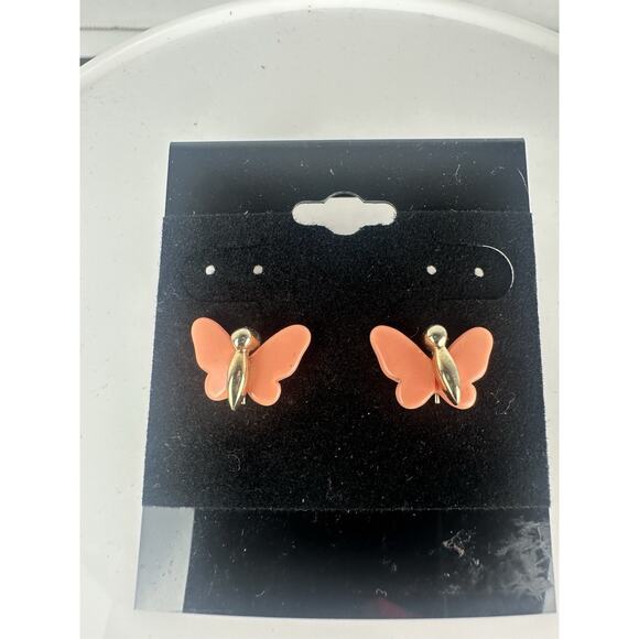 Vintage Butterfly Stud Earrings Small 0.5” Enamel Orange & Gold Tone 1970’s - Picture 1 of 3